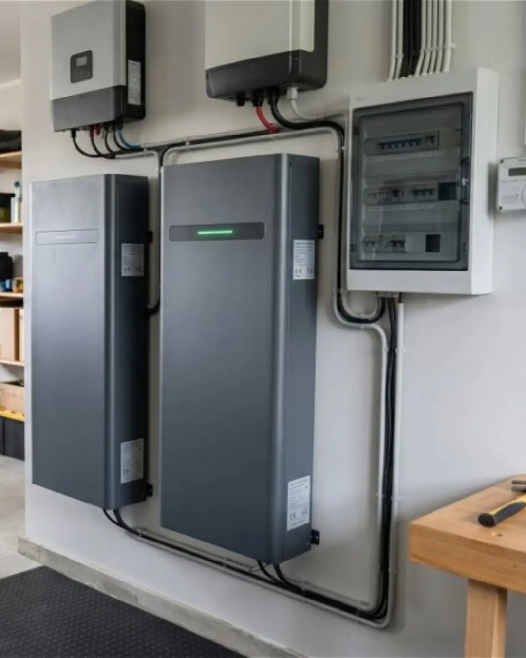 Garaže sumontuoti energijos kaupikliai ir inverteris